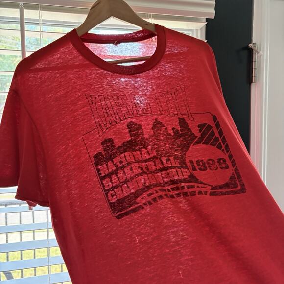 Vintage Paper Thin Distressed Worn Burnout T-Shirt Size XL 1980s Red Kansas - Picture 4 of 7